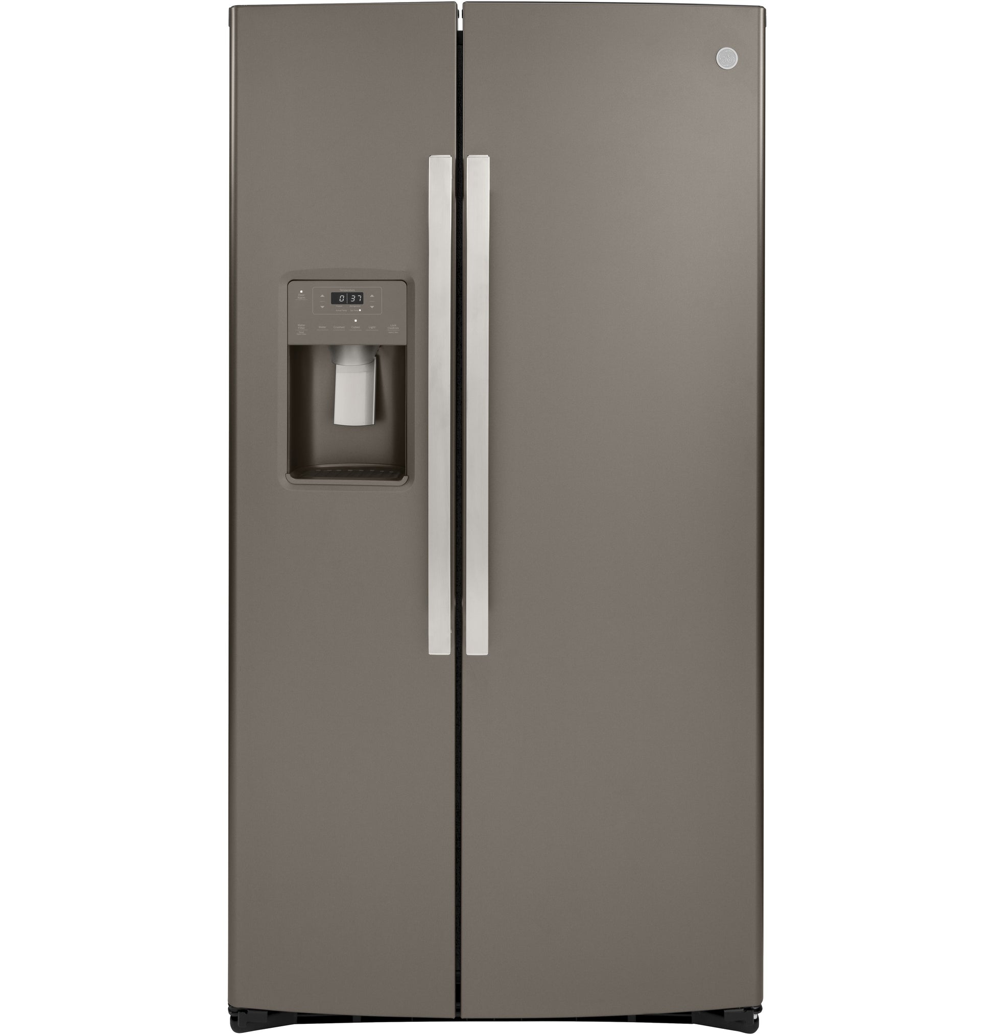Counter-depth side-by-side refrigerator in dark stainless steel with external water dispenser from kitchen appliances collection