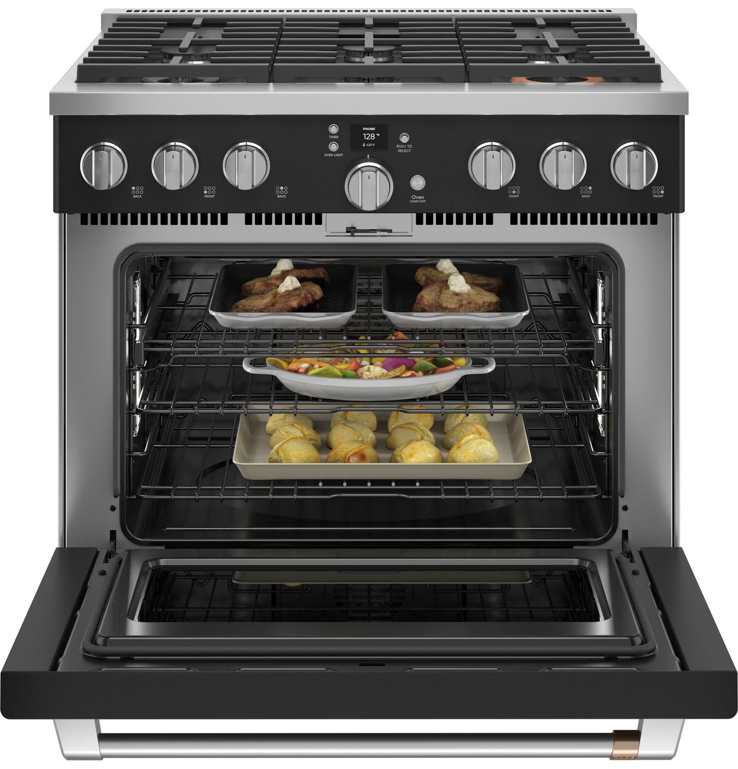 Open stainless steel smart dual-fuel range with six burners and three racks of baked dishes from kitchen appliances collection
