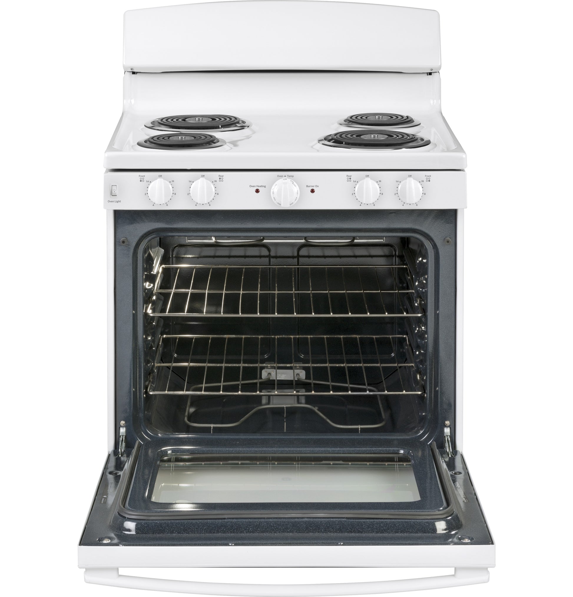 White free-standing electric range with coil burners and open oven door showcasing racks in kitchen appliance collection