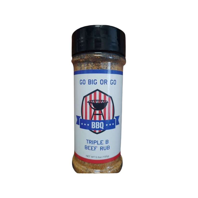 Clear plastic bottle of Go Big or Go BBQ Triple B beef rub with black lid in grilling sauces and spices collection