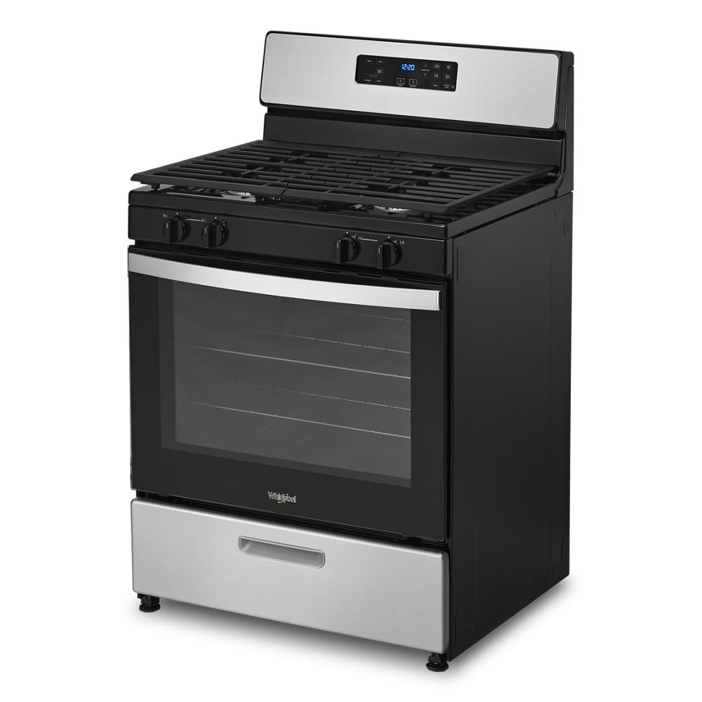 freestanding gas range with stainless steel and black finish, control knobs, digital panel, and broiler drawer for kitchen appliances
