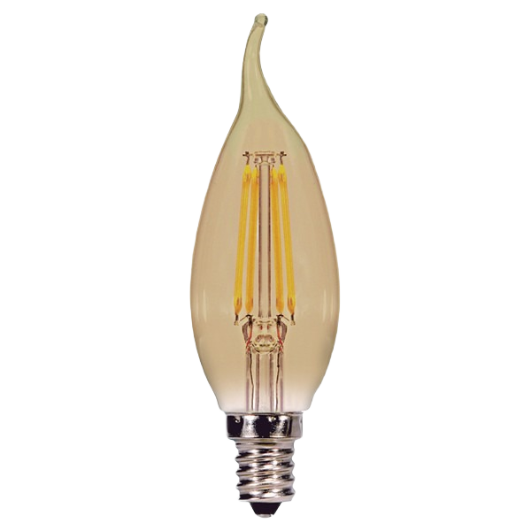 Bent tip LED candelabra base light bulb with flame-shaped amber glass for decorative home improvement use