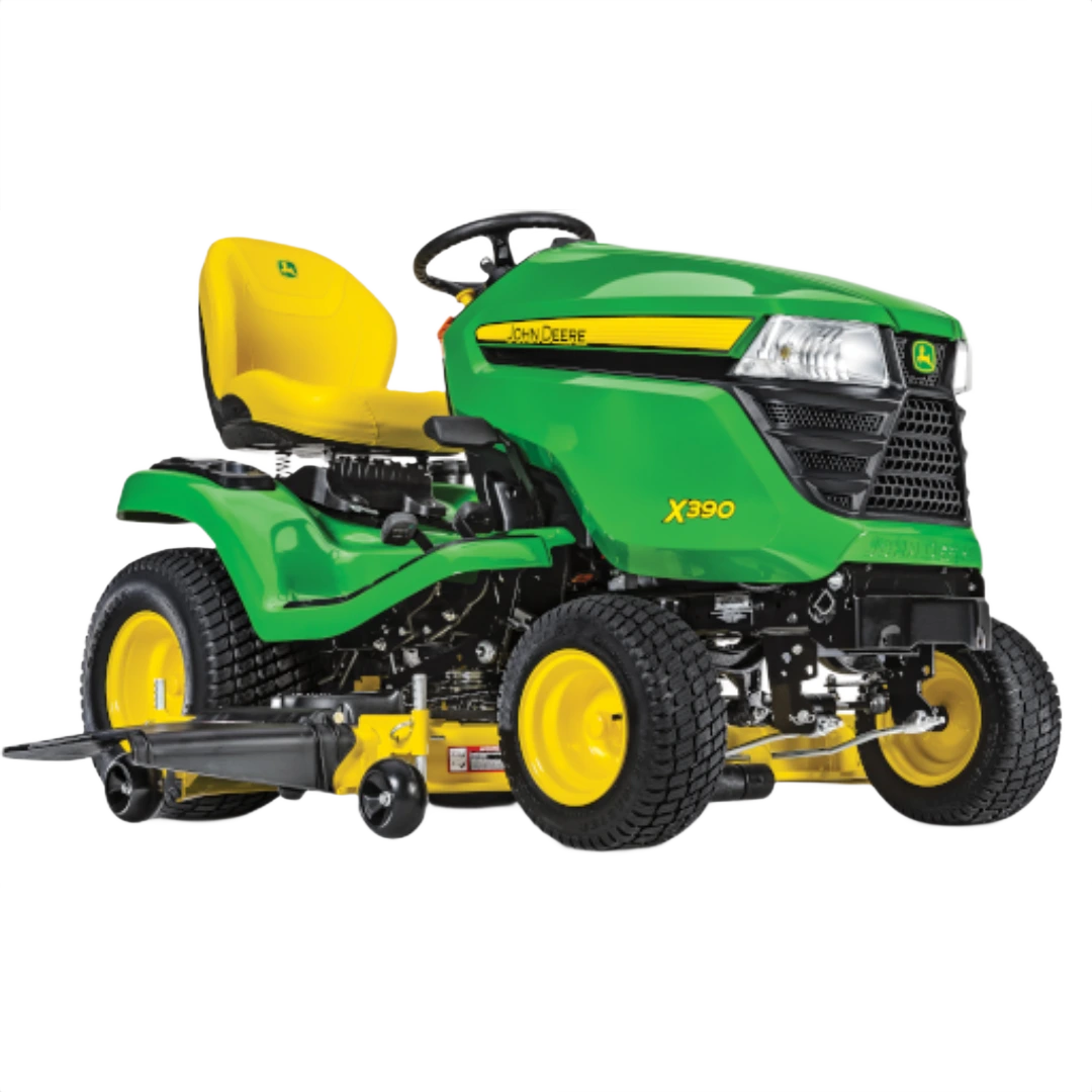 Green John Deere riding lawn tractor with yellow seat and 48-inch deep cutting deck for home lawn care tasks