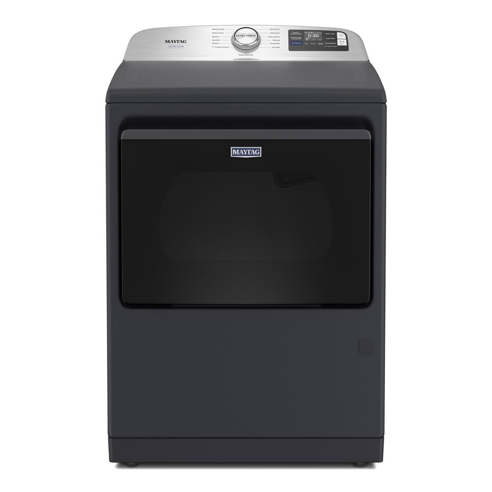 Gray front load gas dryer with digital controls and large door in Dryers and Appliances collections
