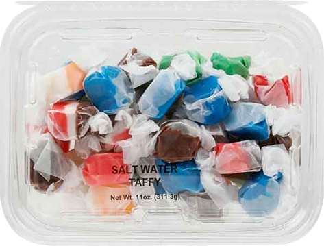 Clear plastic container filled with assorted colorful wrapped salt water taffy candies in candy collection