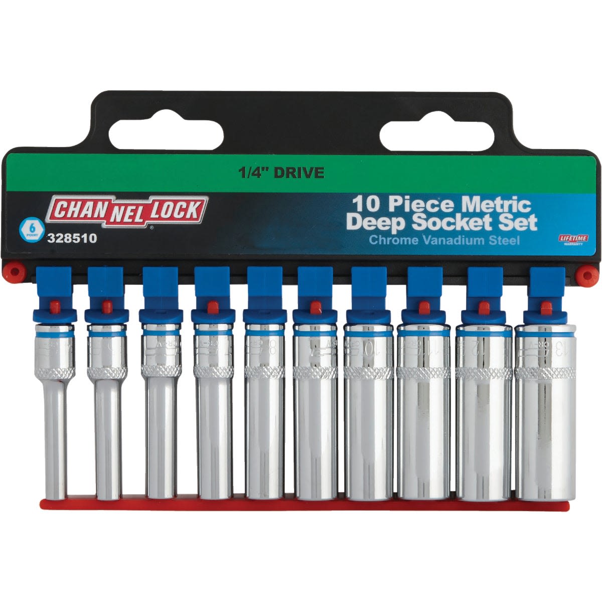 Set of ten deep metric sockets with color-coded bands for easy size identification in hand tools and woodworking collections under $50