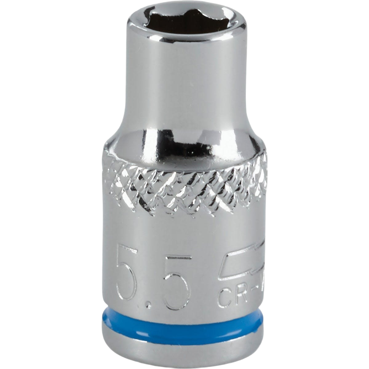 Chrome-plated shallow 6-point socket with 5.5mm size and knurled grip for precise home improvement tool use