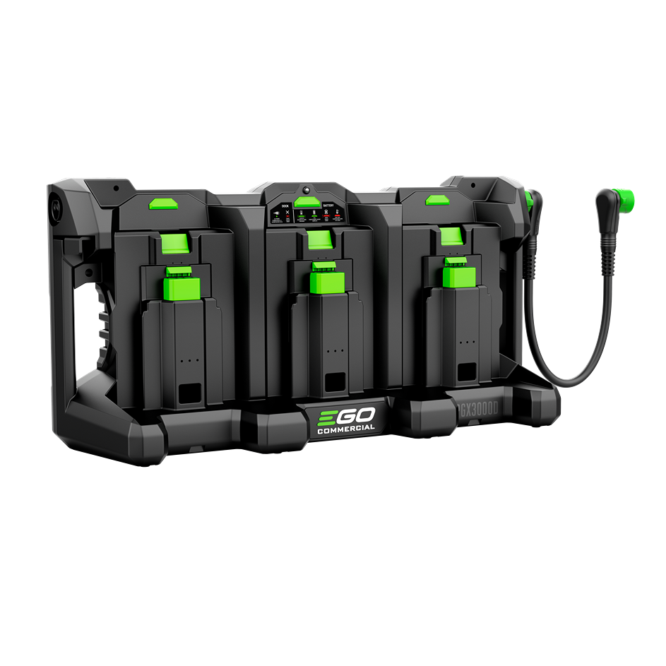 Three-port commercial battery charging dock with green accents for power tool accessories and portable power collections