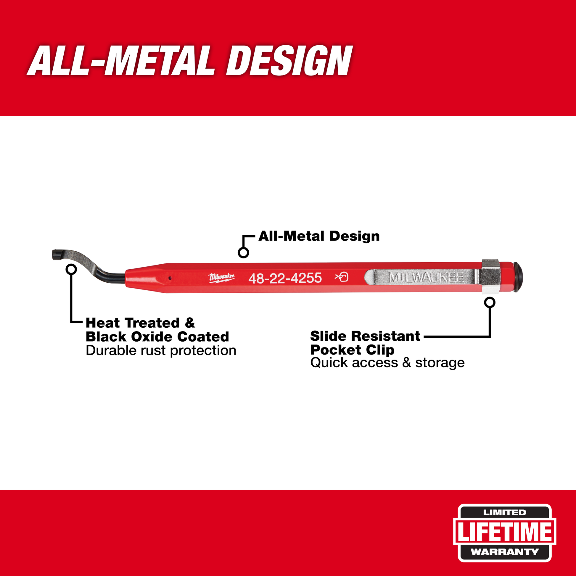 Red metal reaming pen with curved tip, rust protection, and slide-resistant pocket clip for home improvement tasks
