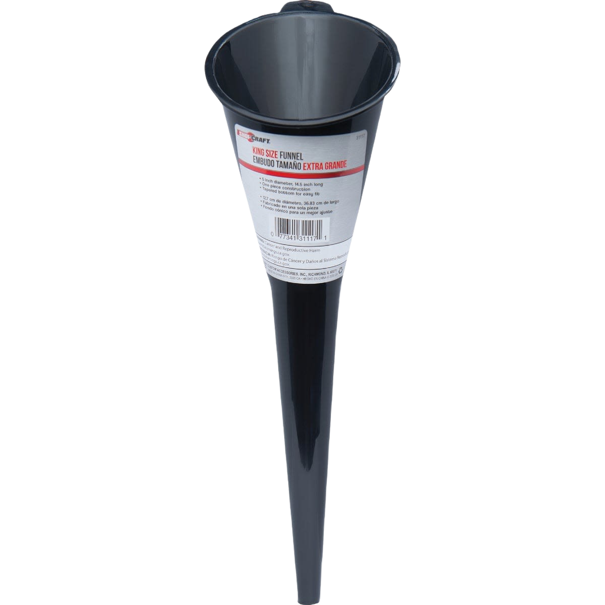 Black heavy-duty plastic funnel with a wide top and narrow spout for easy fluid transfer in tools and home improvement.