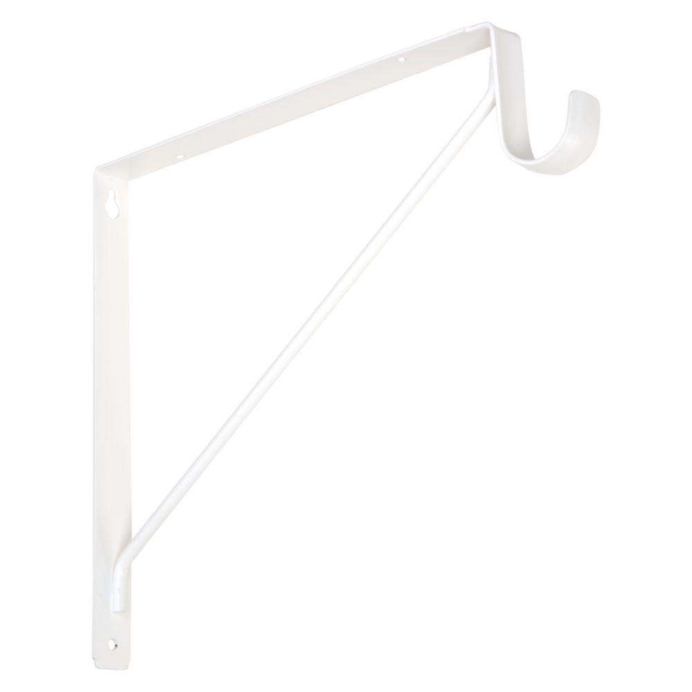 White heavy duty metal bracket with angled support and curved end for shelving and rod installation in home projects