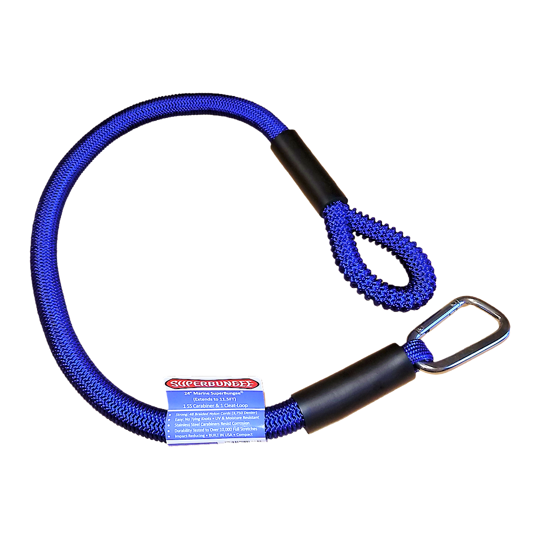 Blue marine cord with stainless steel carabiner hook and looped end for cargo tie-down and towing applications