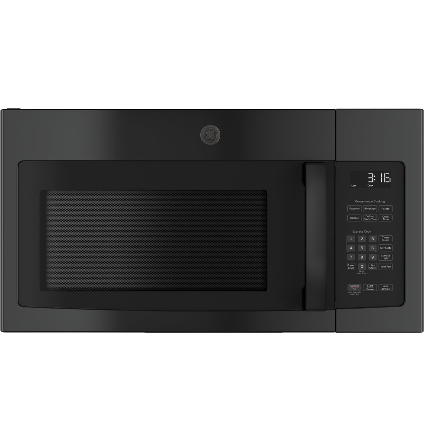 Black over-the-range microwave with digital keypad, LED display, and recirculating venting from kitchen appliances collection