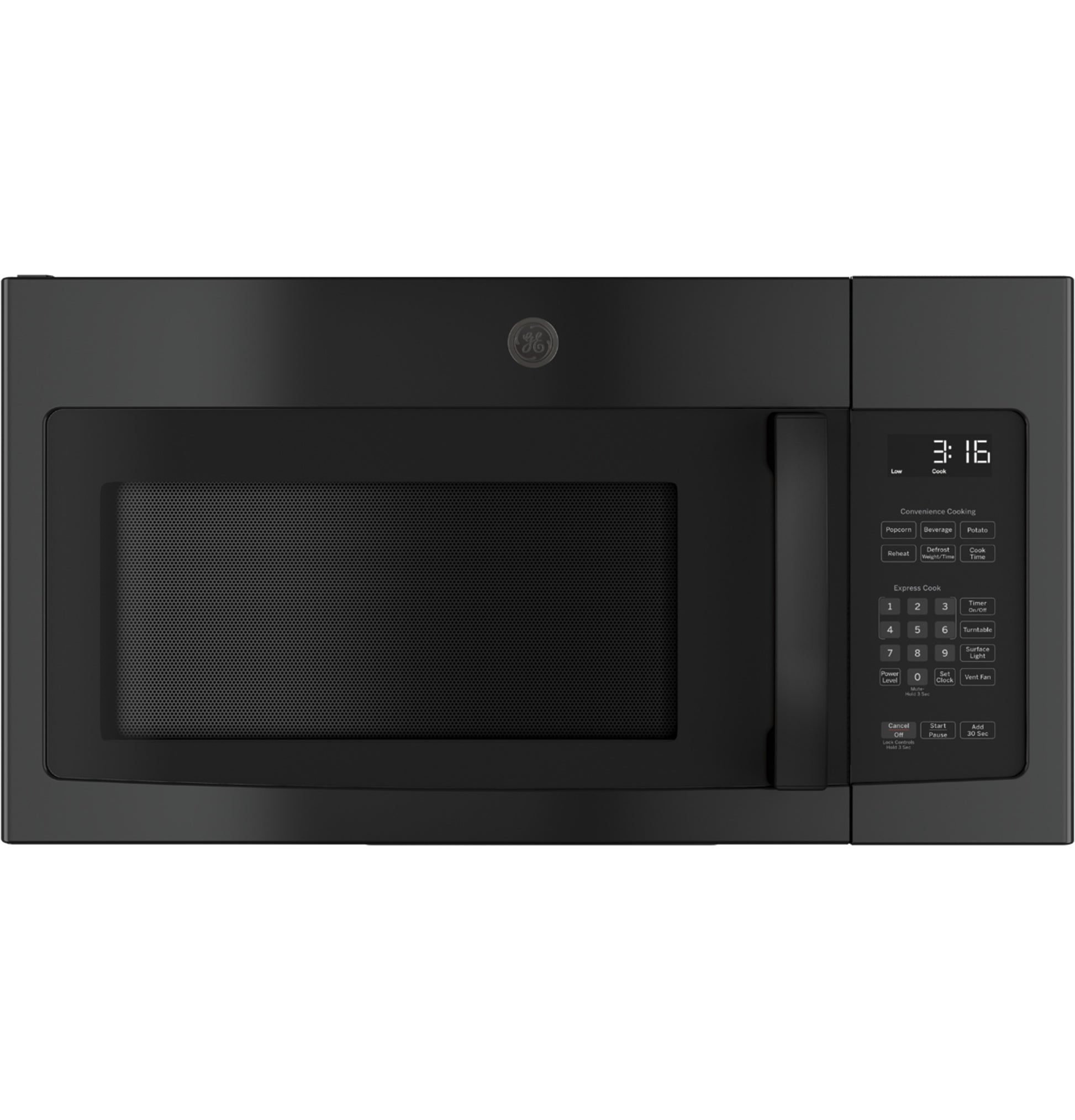 Black over-the-range microwave with digital keypad, LED display, and recirculating venting from kitchen appliances collection