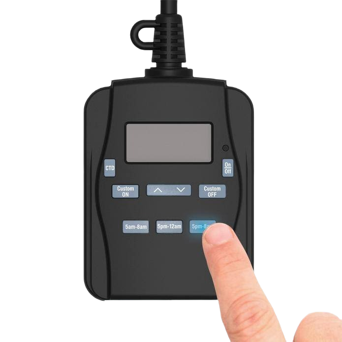 Compact digital outdoor timer with two outlets, preset modes, and easy-to-use buttons for electrical and home improvement.