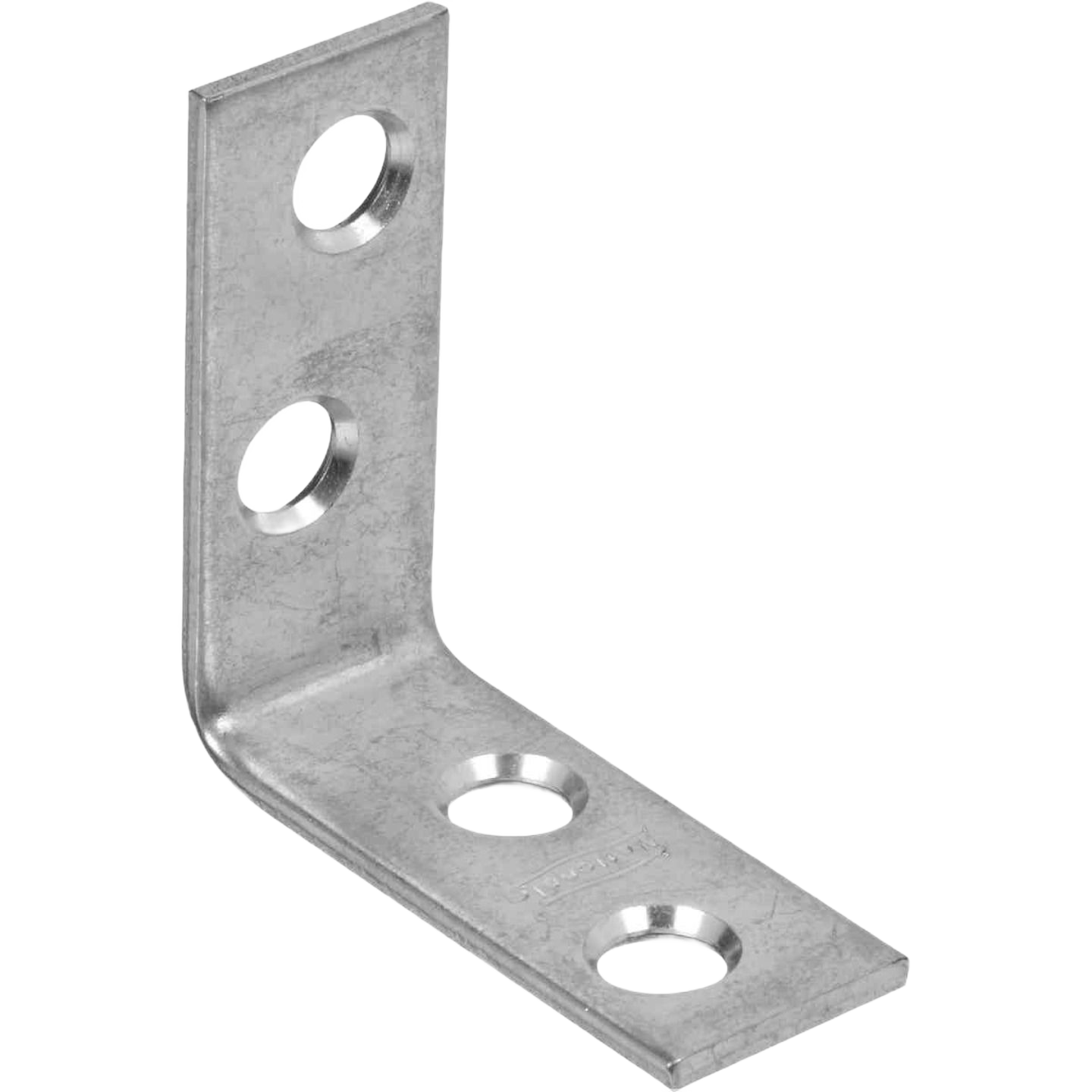 Zinc-plated metal corner brace with four mounting holes for reinforcing joints in tools and home improvement projects