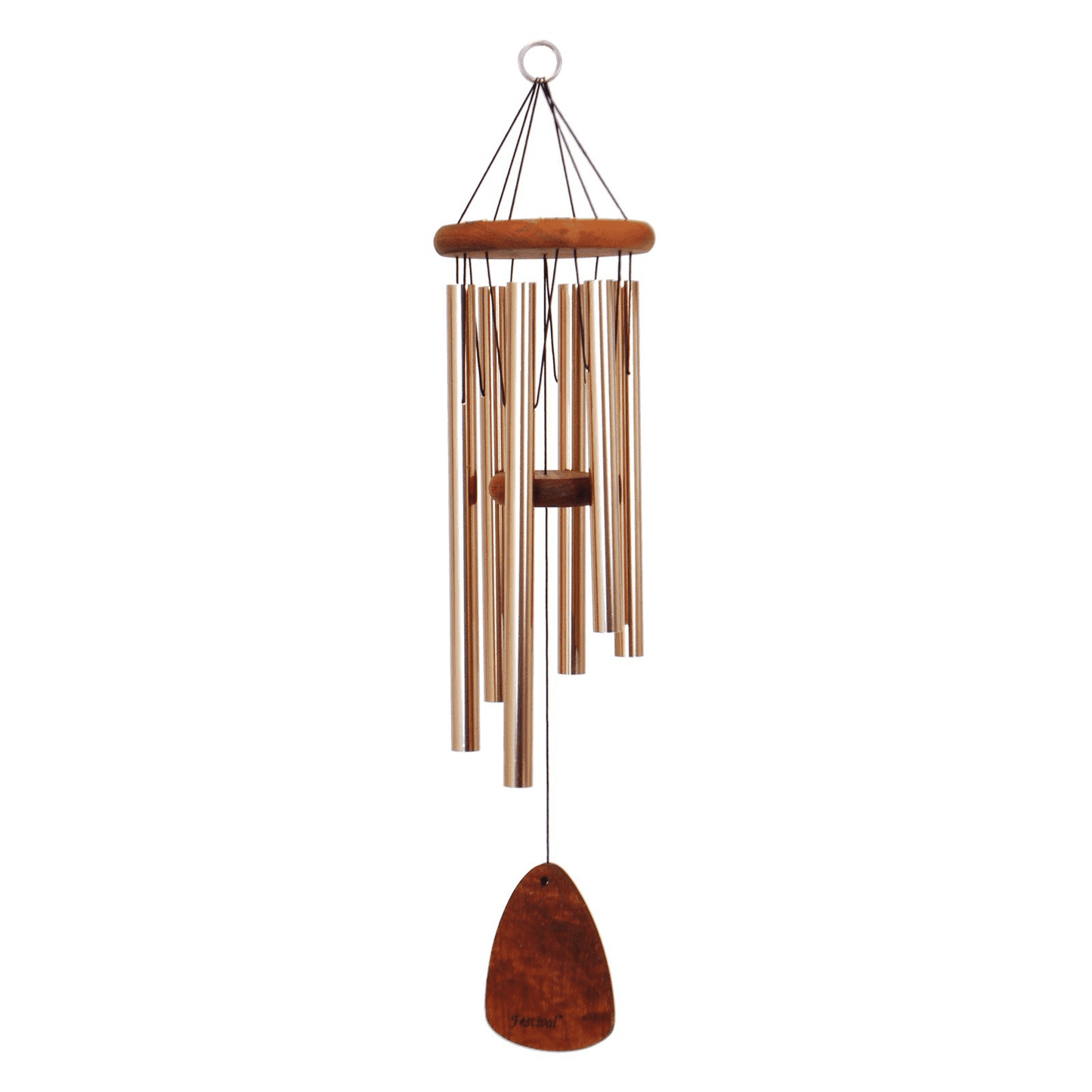 Bronze wind chime with wooden top and clapper, designed for outdoor home improvement and garden decor.