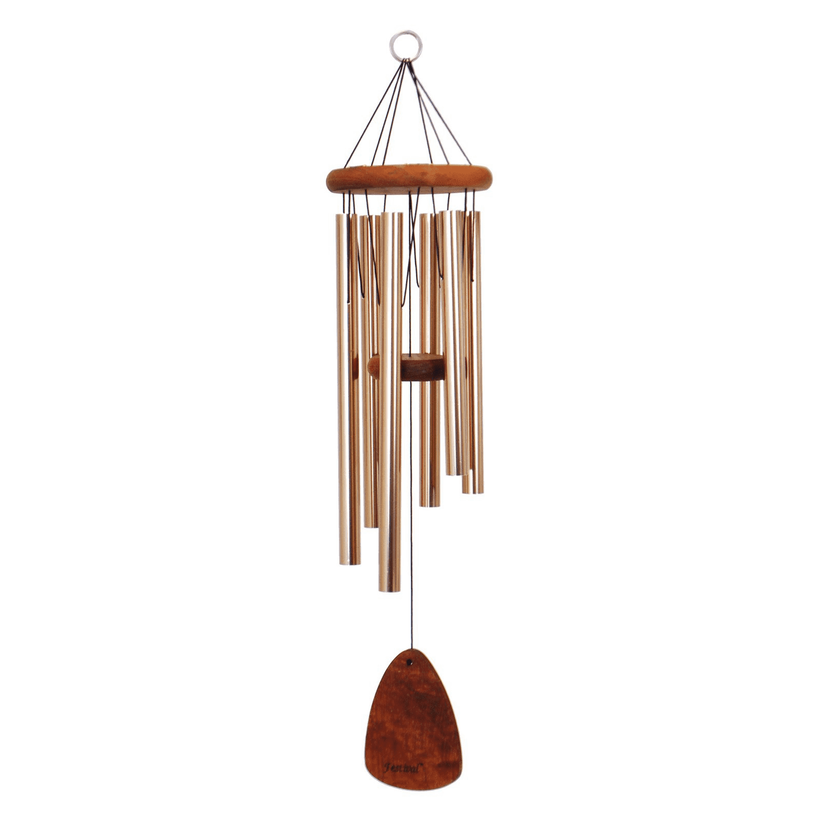 Bronze wind chime with wooden top and clapper, designed for outdoor home improvement and garden decor.