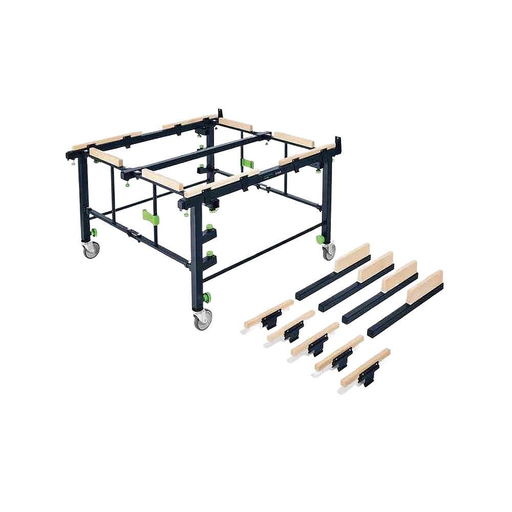 Mobile saw table frame with detachable wooden support rails and locking caster wheels for woodworking tools and tool stands collection