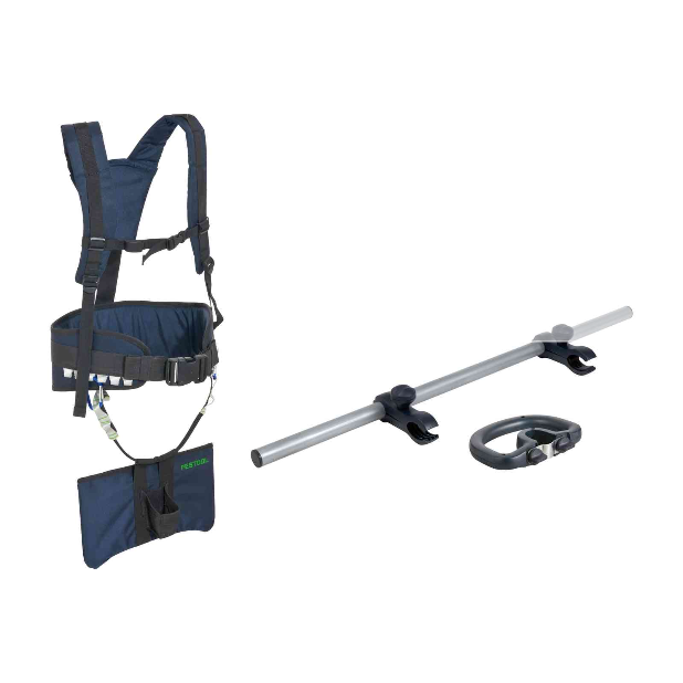 Adjustable blue harness with support belt and metal rod attachment for home improvement and tool accessories use