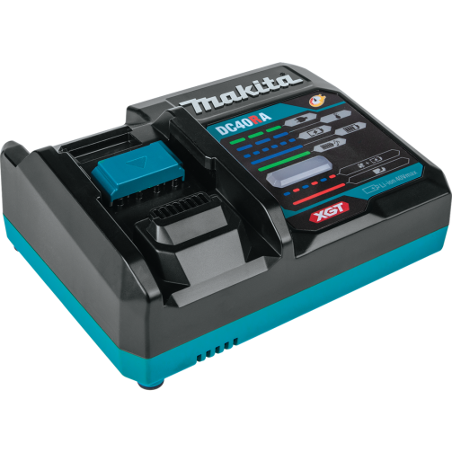 Black and teal Makita battery charger with LED indicators for cordless power tool batteries in home improvement tasks
