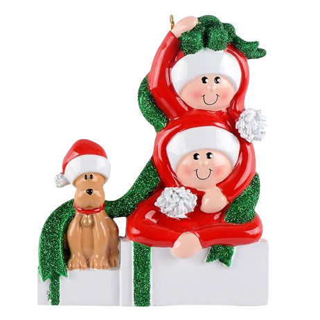 Festive couple and dog figurine ornament wearing red Santa hats with glittery green ribbon from Christmas Ornaments collection