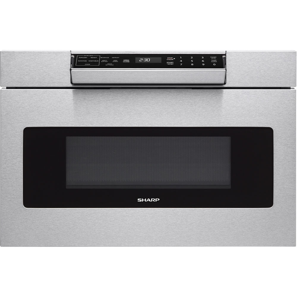 Stainless steel microwave drawer with digital control panel and flat black window for built-in kitchen appliances and home improvement