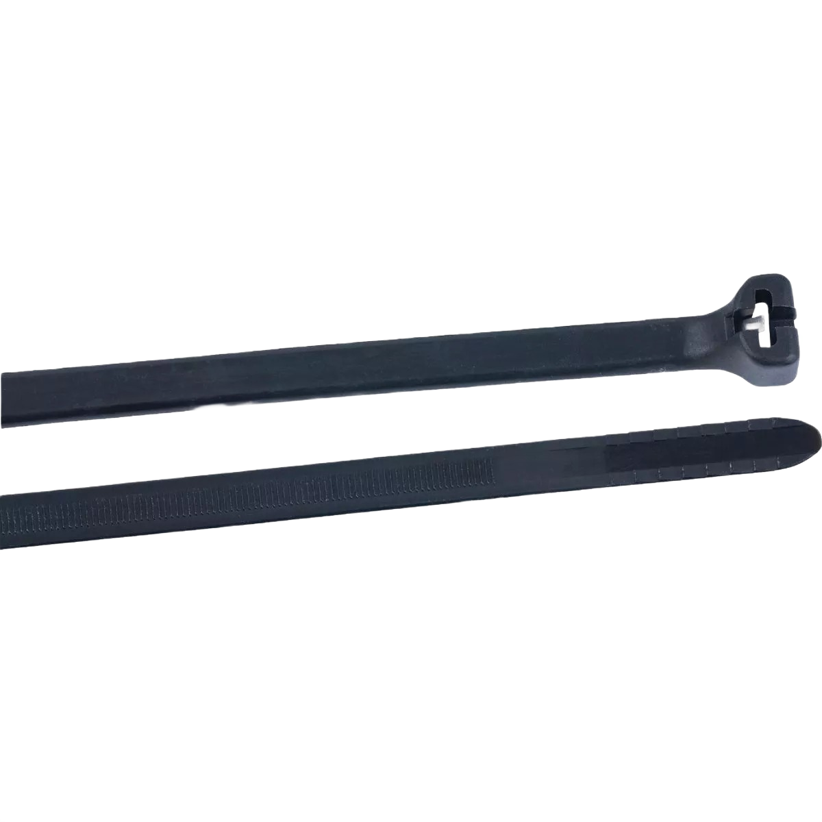 Black nylon cable ties with metal locking pawl, designed for durable cable management in electrical and home improvement tasks