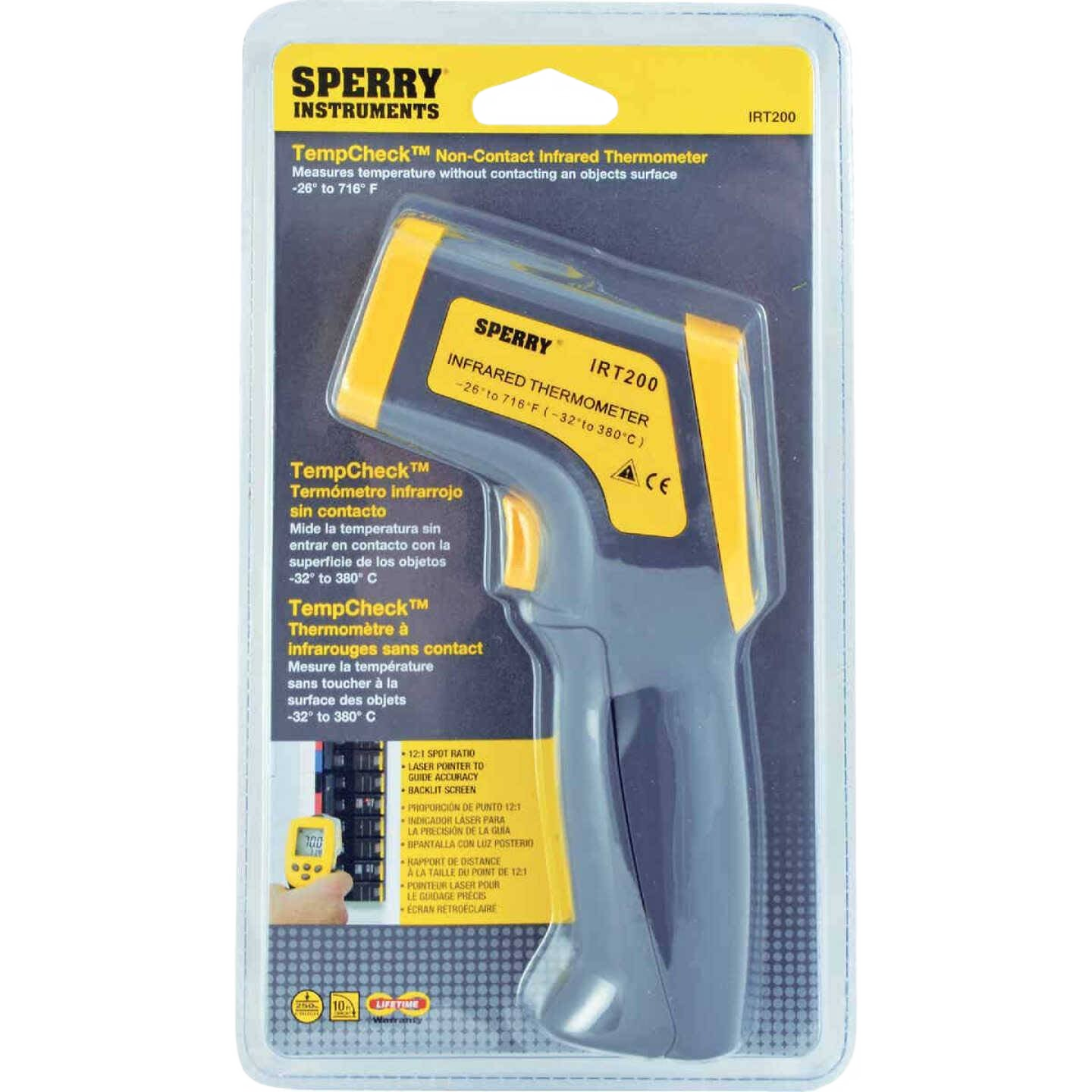 Yellow and gray non-contact infrared thermometer for temperature readings in home improvement and tool applications