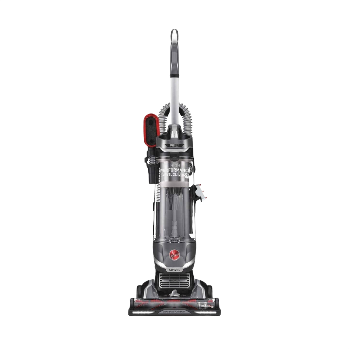 Gray and black upright vacuum cleaner with red accents designed for pet hair cleanup in home use