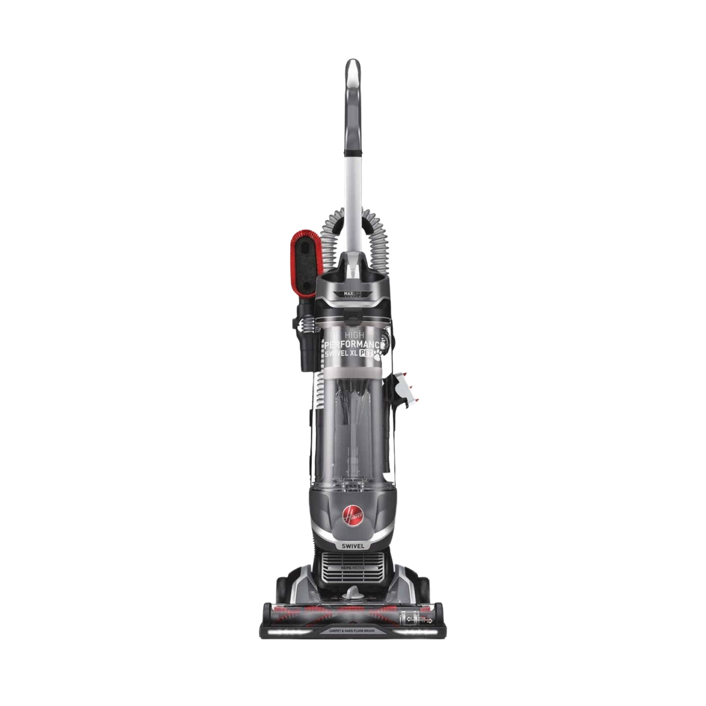 Gray and black upright vacuum cleaner with red accents designed for pet hair cleanup in home use
