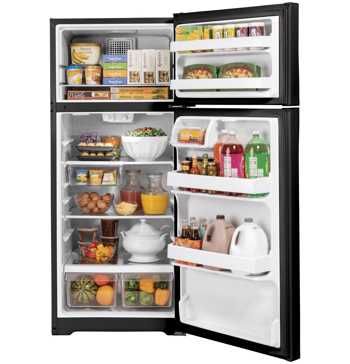 Open black top-freezer refrigerator with organized shelves of food and beverages in kitchen appliances collection