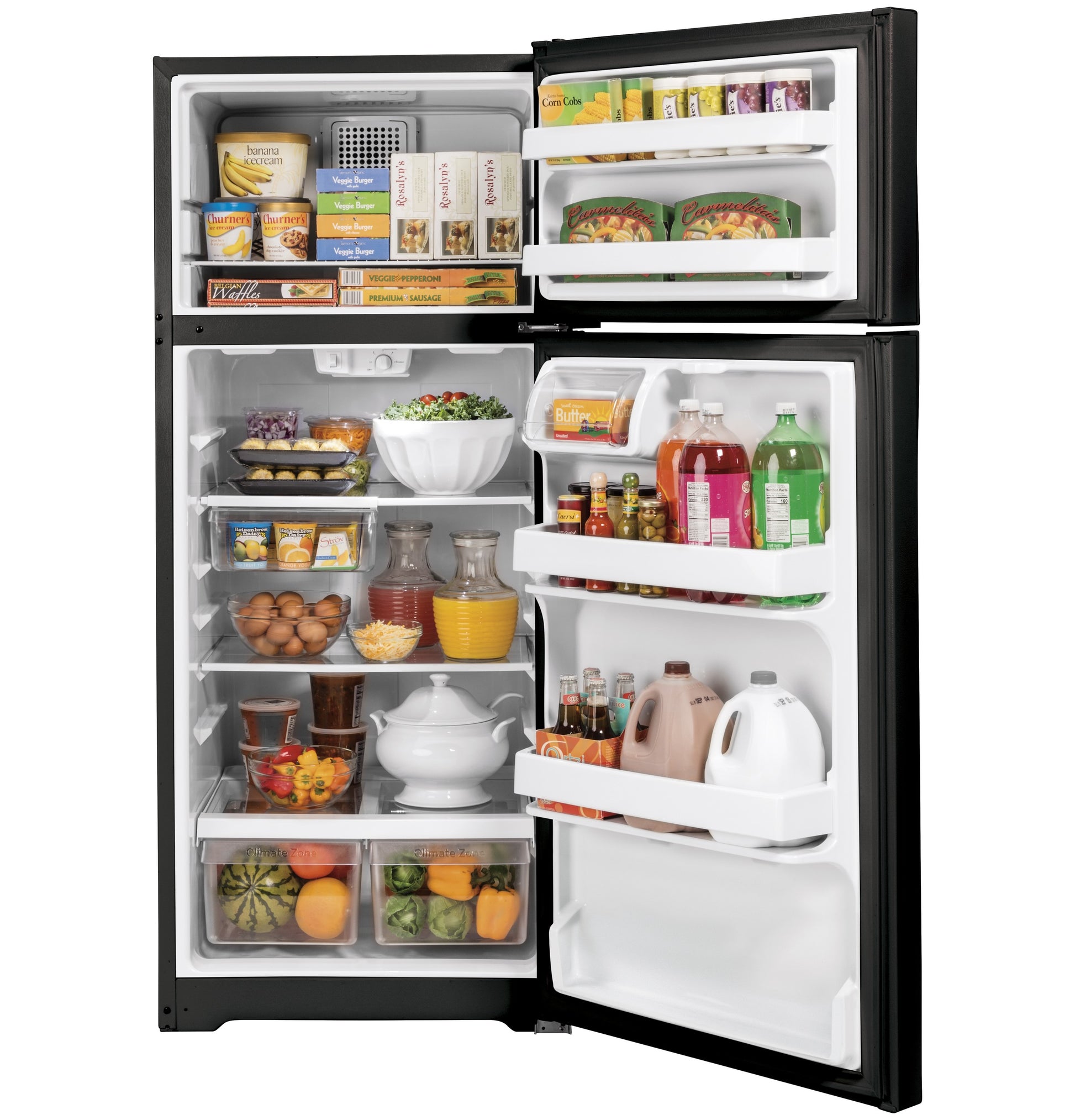 Open black top-freezer refrigerator with organized shelves of food and beverages in kitchen appliances collection