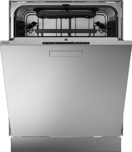 Stainless steel dishwasher with open door showing upper spray arms and control panel for kitchen appliances category