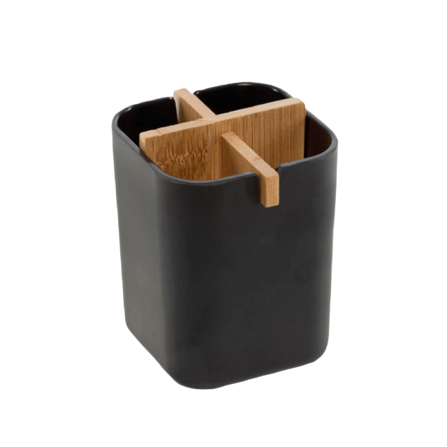 Compact black and bamboo organizer with divided compartments for bathroom storage and makeup brush organization