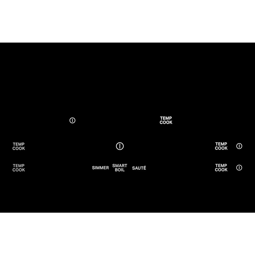 Black induction cooktop surface with five cooking zones and touch control labels for simmer, smart boil, and sauté functions