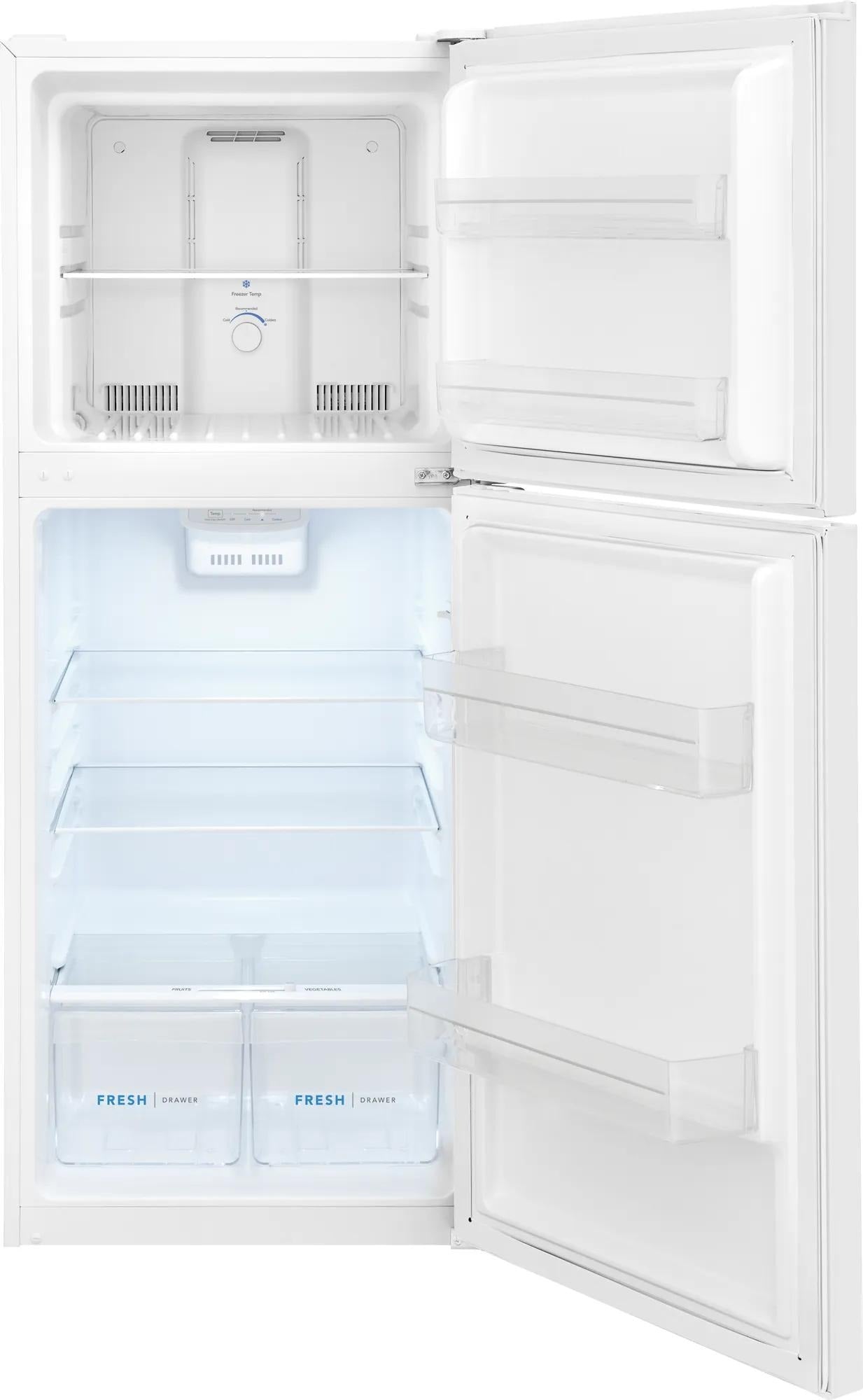 Open white top freezer refrigerator with adjustable glass shelves, clear door bins, and dual crisper drawers, part of Refrigerators and Kitchen & Kitchenware collections.
