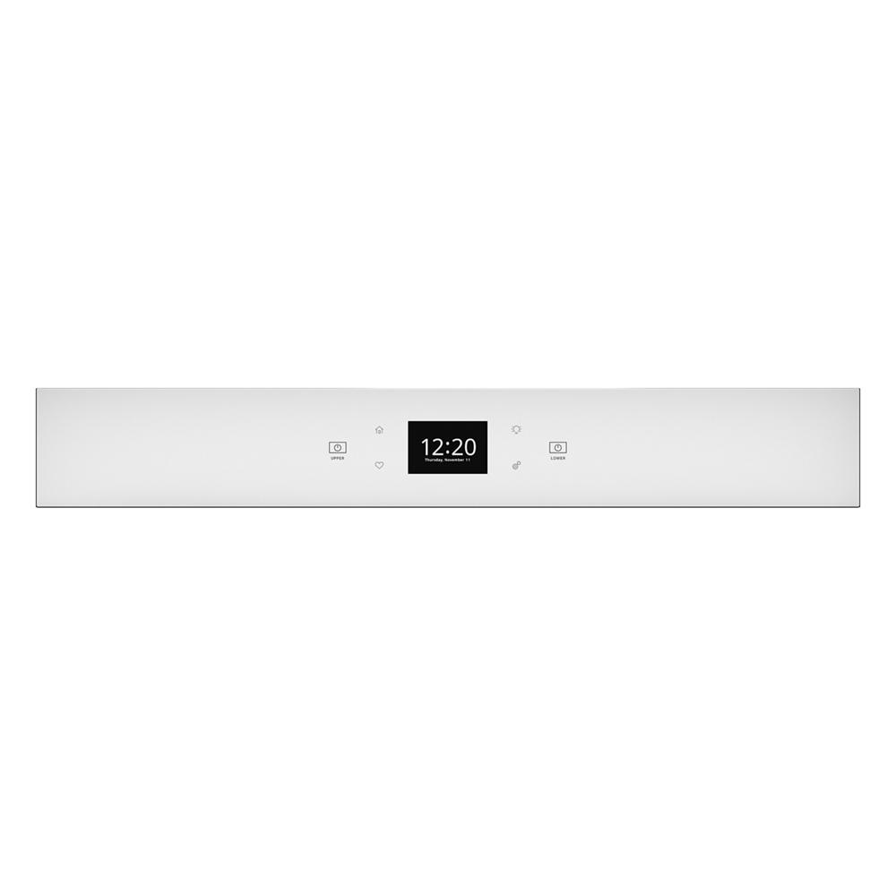 Digital control panel with clock and touch buttons for a white double wall oven from kitchen appliances collection