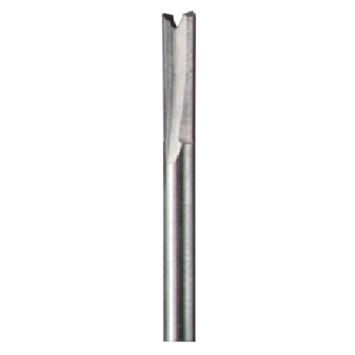 Silver straight router bit with 1/8-inch shank designed for precise woodworking and rotary tool accessories under $50