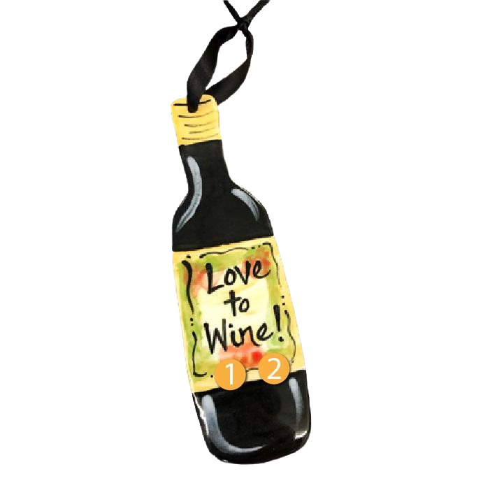 Hand-painted ceramic wine bottle ornament with "Love to Wine!" text and black ribbon in Christmas Ornaments collection