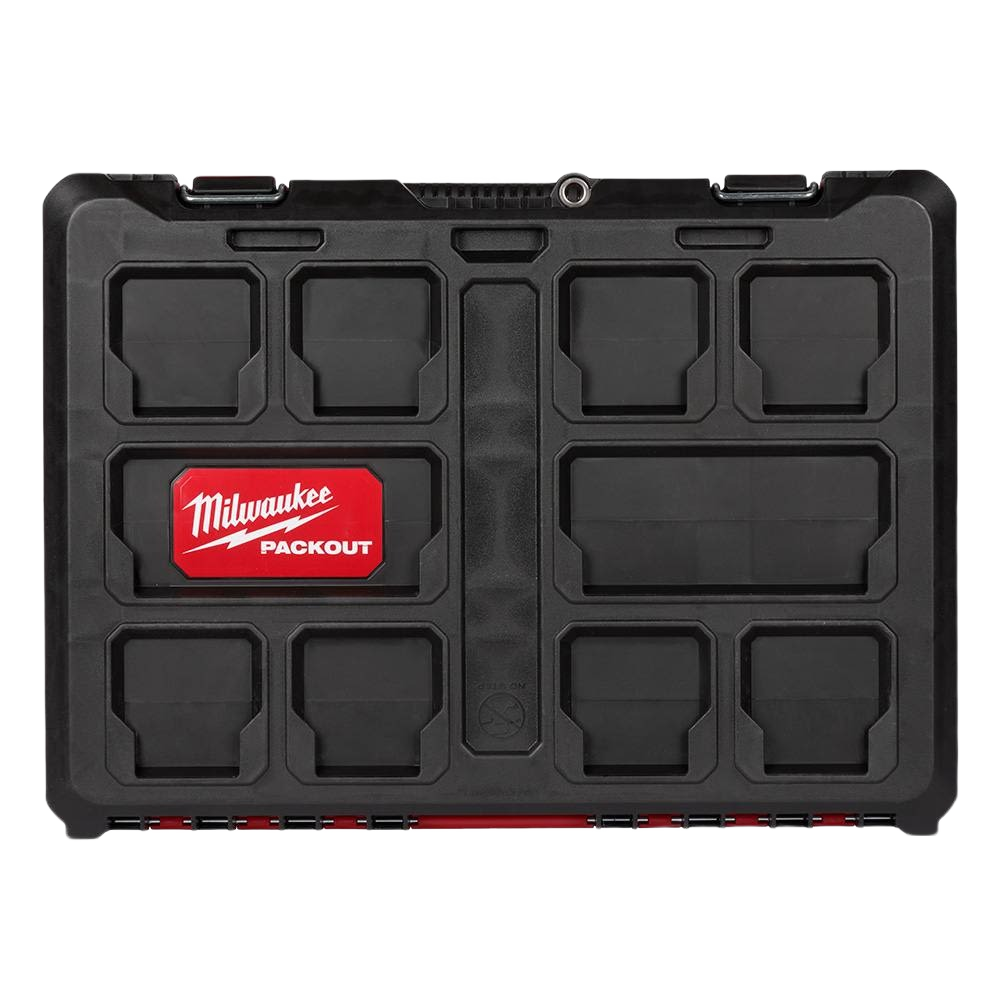Black Milwaukee PACKOUT™ rugged tool case with impact-resistant molded base and integrated locking cleats for jobsite storage