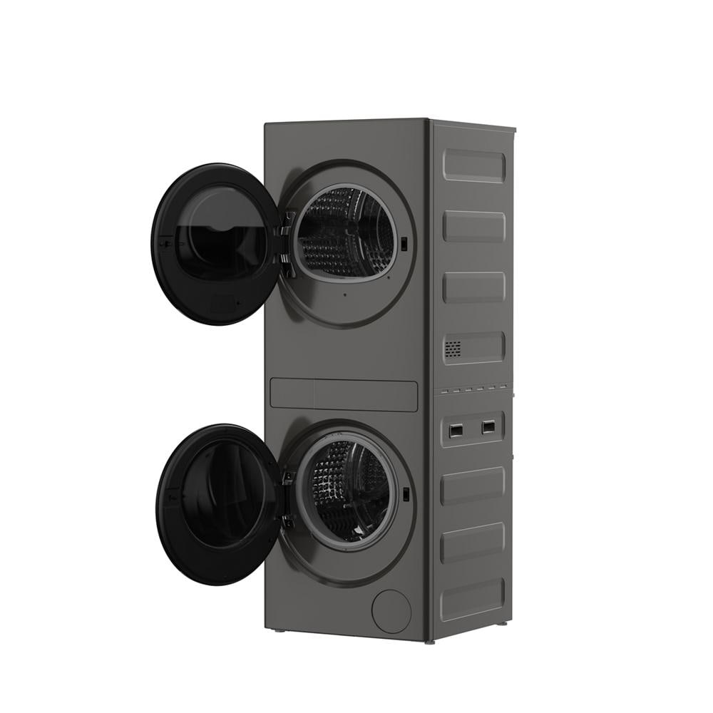 Compact dark gray ventless heat pump laundry tower with front load washer and electric dryer doors open, part of appliance laundry centers at Hartville Hardware.