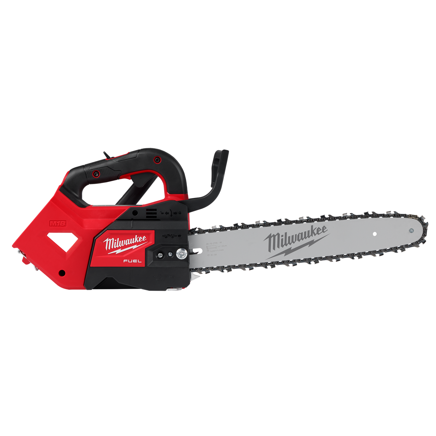 Cordless red and black top handle chainsaw with 14-inch bar designed for efficient cutting in home improvement tasks