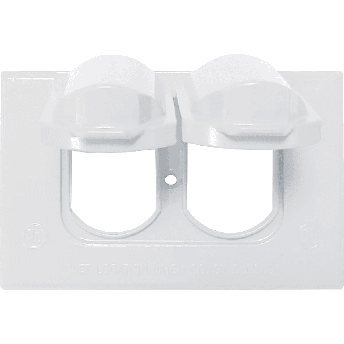White horizontal duplex cover with hinged protective weatherproof flaps for outdoor electrical outlets in home improvement use