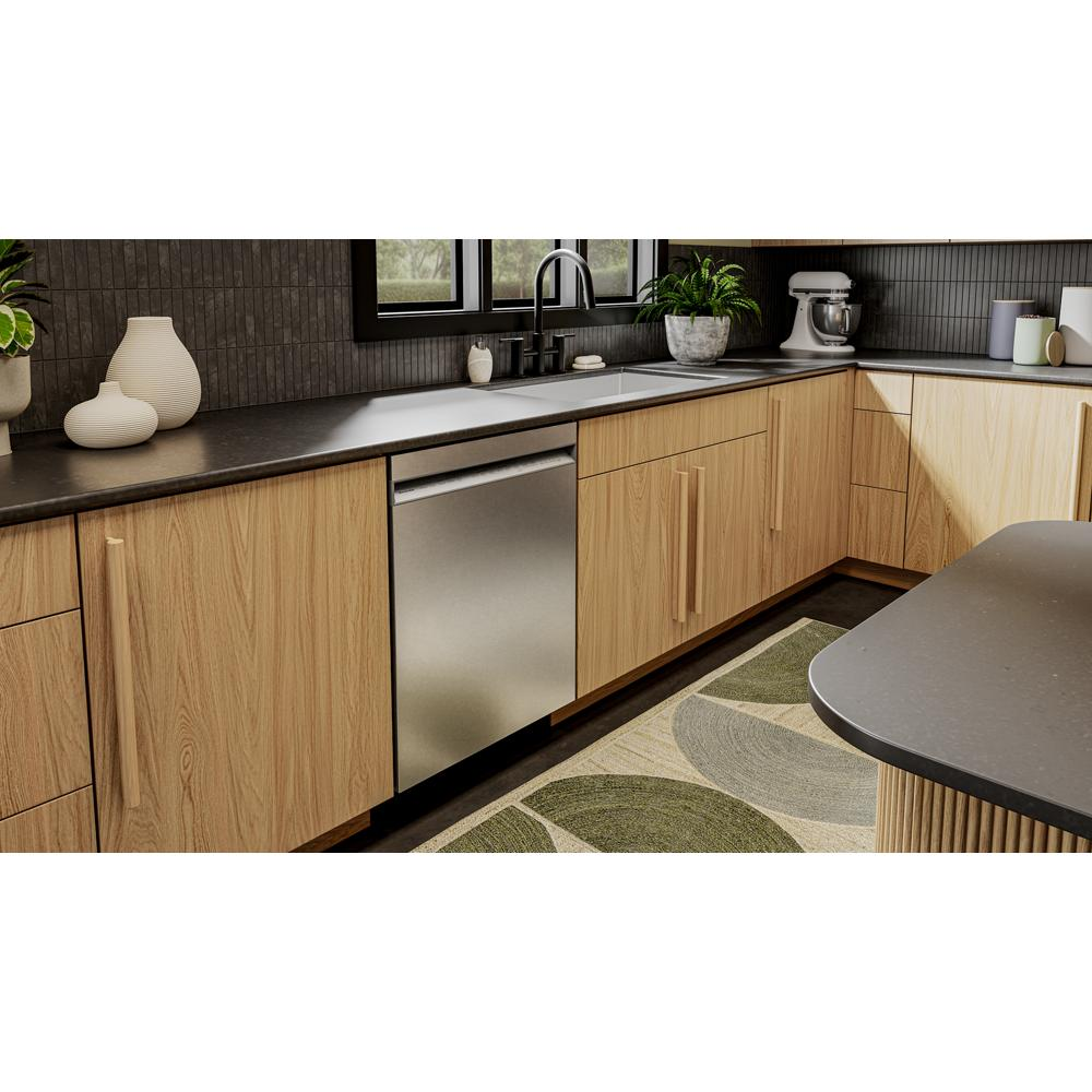 Built-in stainless steel dishwasher integrated into modern kitchen with light wood cabinetry and black countertops