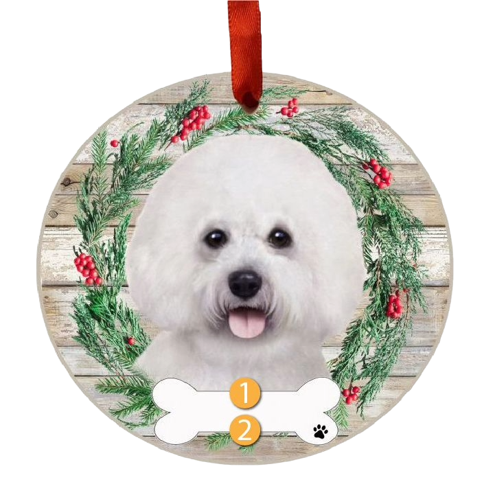 Round Christmas ornament featuring a white Bichon Frise face surrounded by festive green wreath and red berries