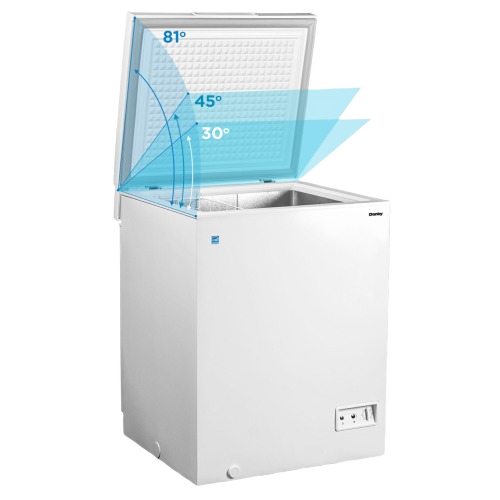 White chest freezer with front temperature control and open lid showing adjustable opening angles for kitchen and appliance use