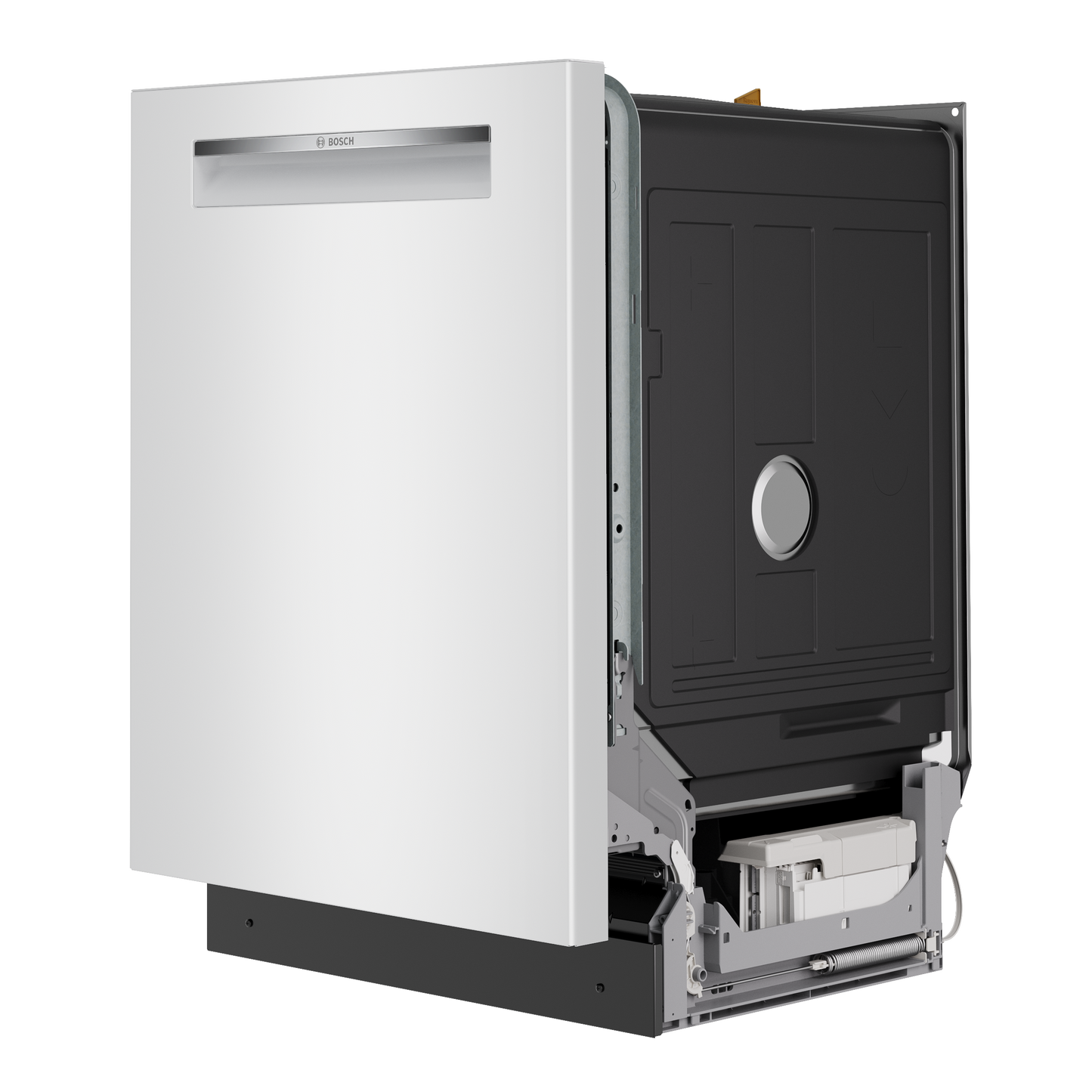 Partially assembled white built-under dishwasher shown from an angled side view, highlighting the exterior front panel and internal components, suitable for dishwashers, built-in dishwashers, kitchen & kitchenware, and appliances collections.
