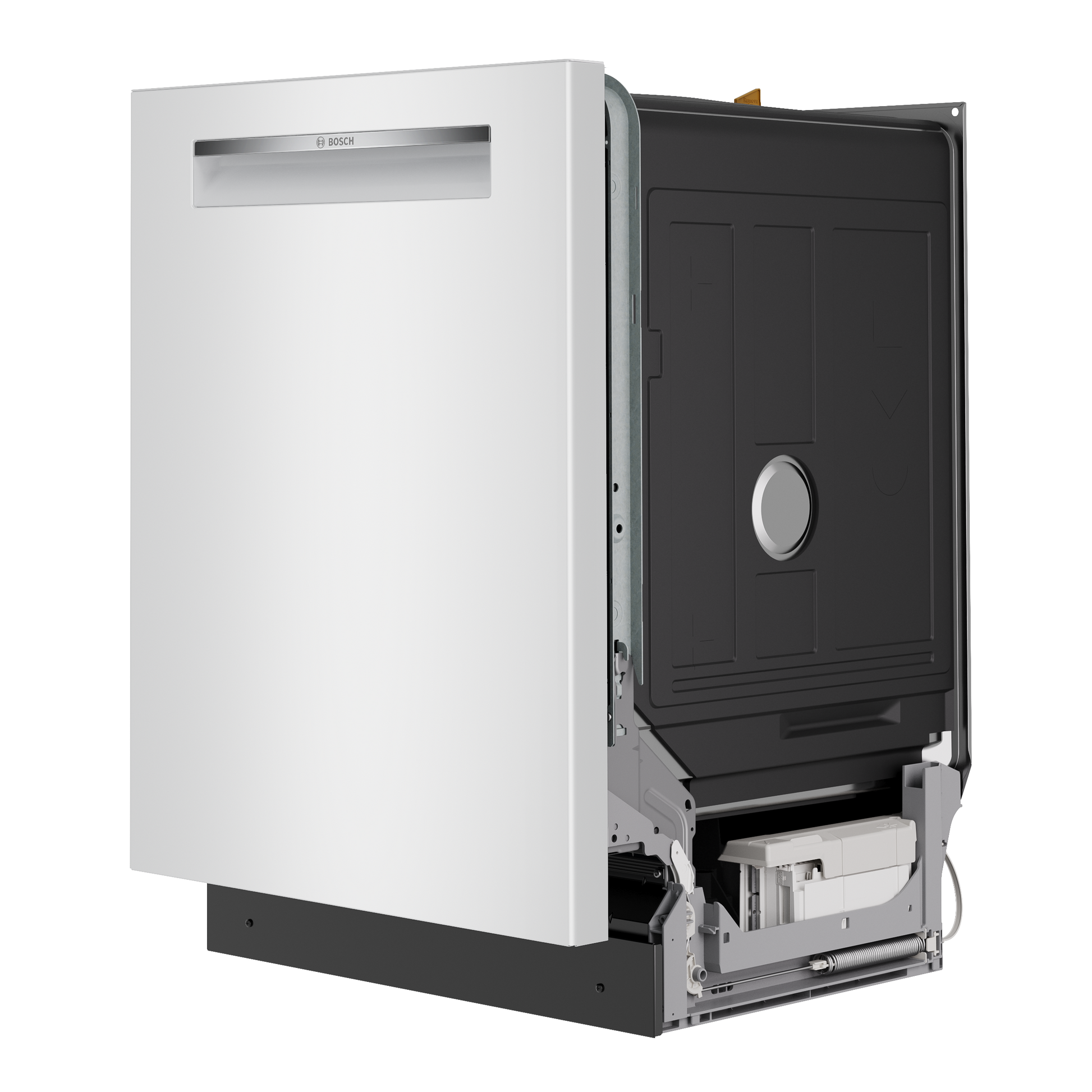 Partially assembled white built-under dishwasher shown from an angled side view, highlighting the exterior front panel and internal components, suitable for dishwashers, built-in dishwashers, kitchen & kitchenware, and appliances collections.