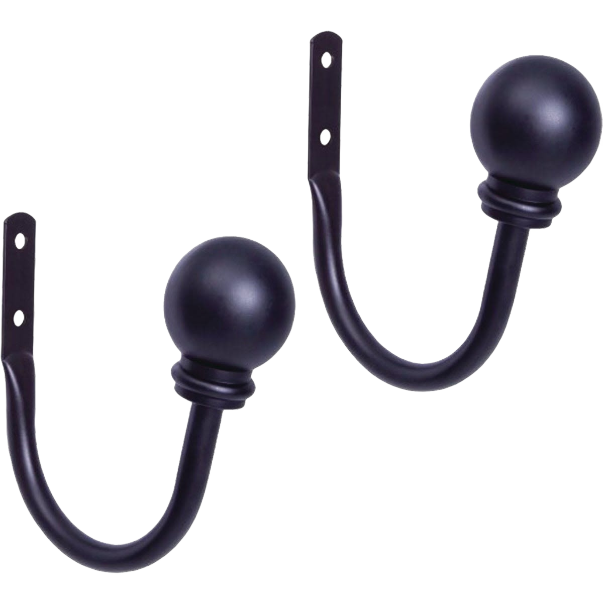 Two black metal ball end holdbacks for drapery, designed for home improvement and window treatment use